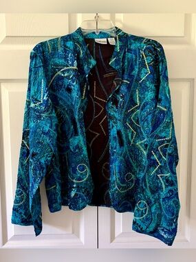 Chico’s Vintage-Inspired Teal & Silk Beaded Open Jacket - Size XL